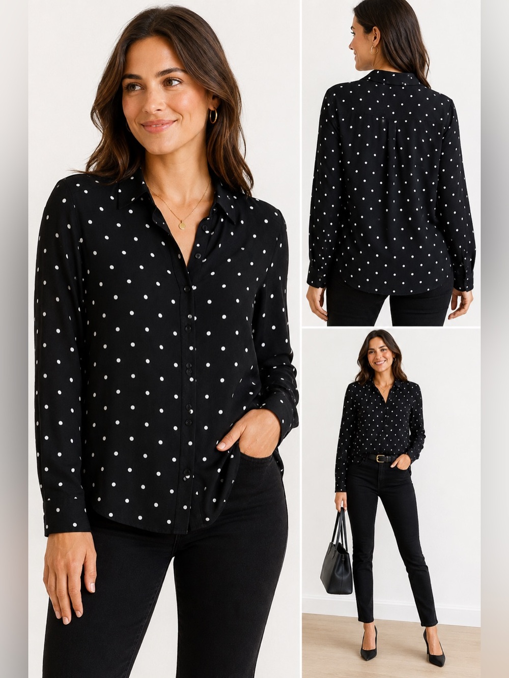 Lola River Black & White Polka Dot Button Down Blouse Size M